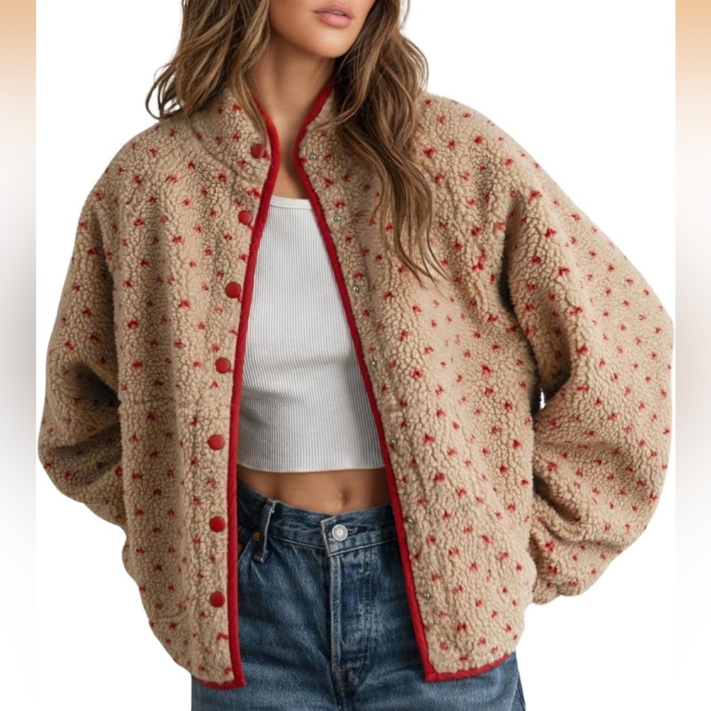 Beige Sherpa abstract heart Jacket with Red Trim - Women's Cozy Coat size M